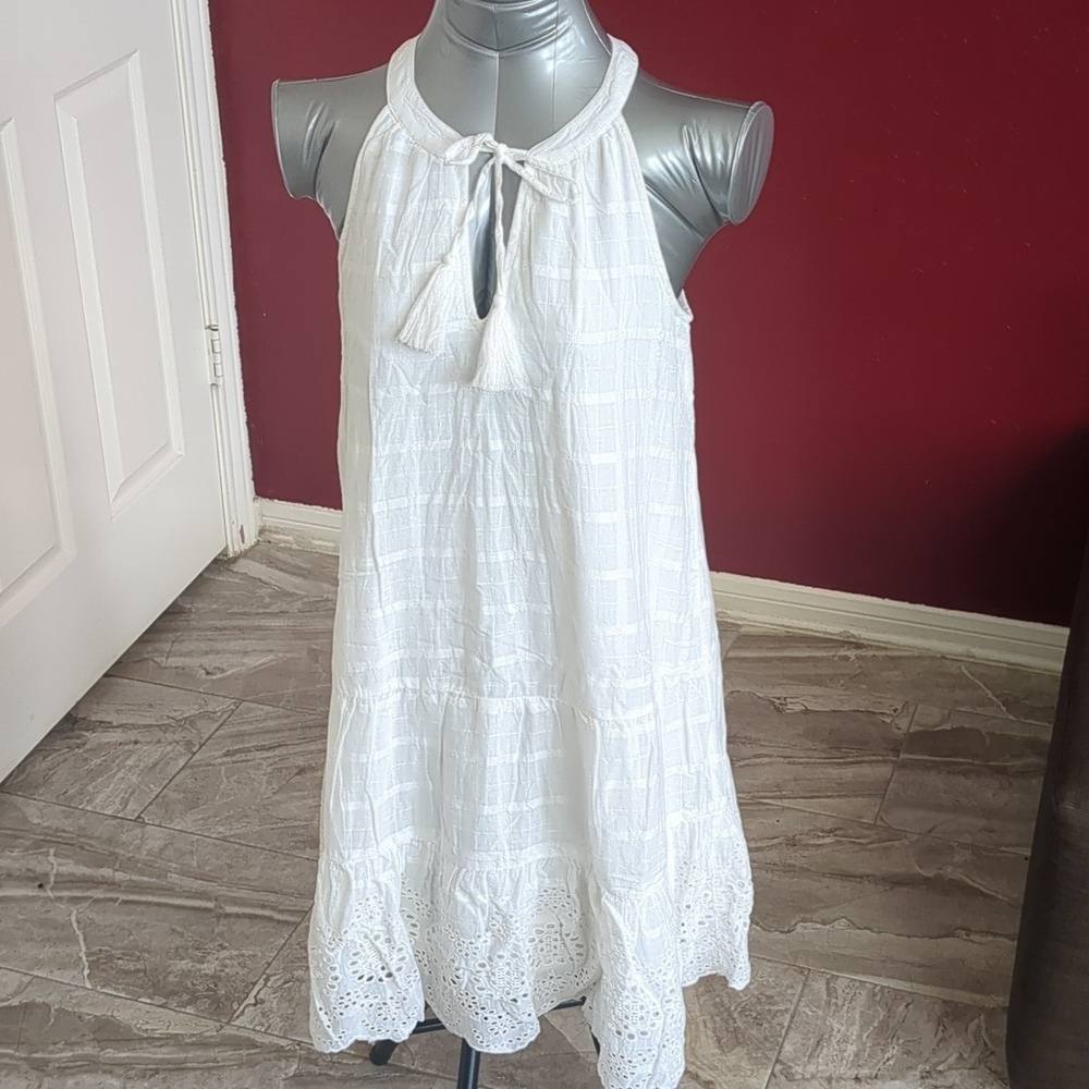 CABANA LIFE Essentials-White Sleeveless Halter-Tassels Eyelet Mini Dress SPF 50+ - Picture 3 of 14